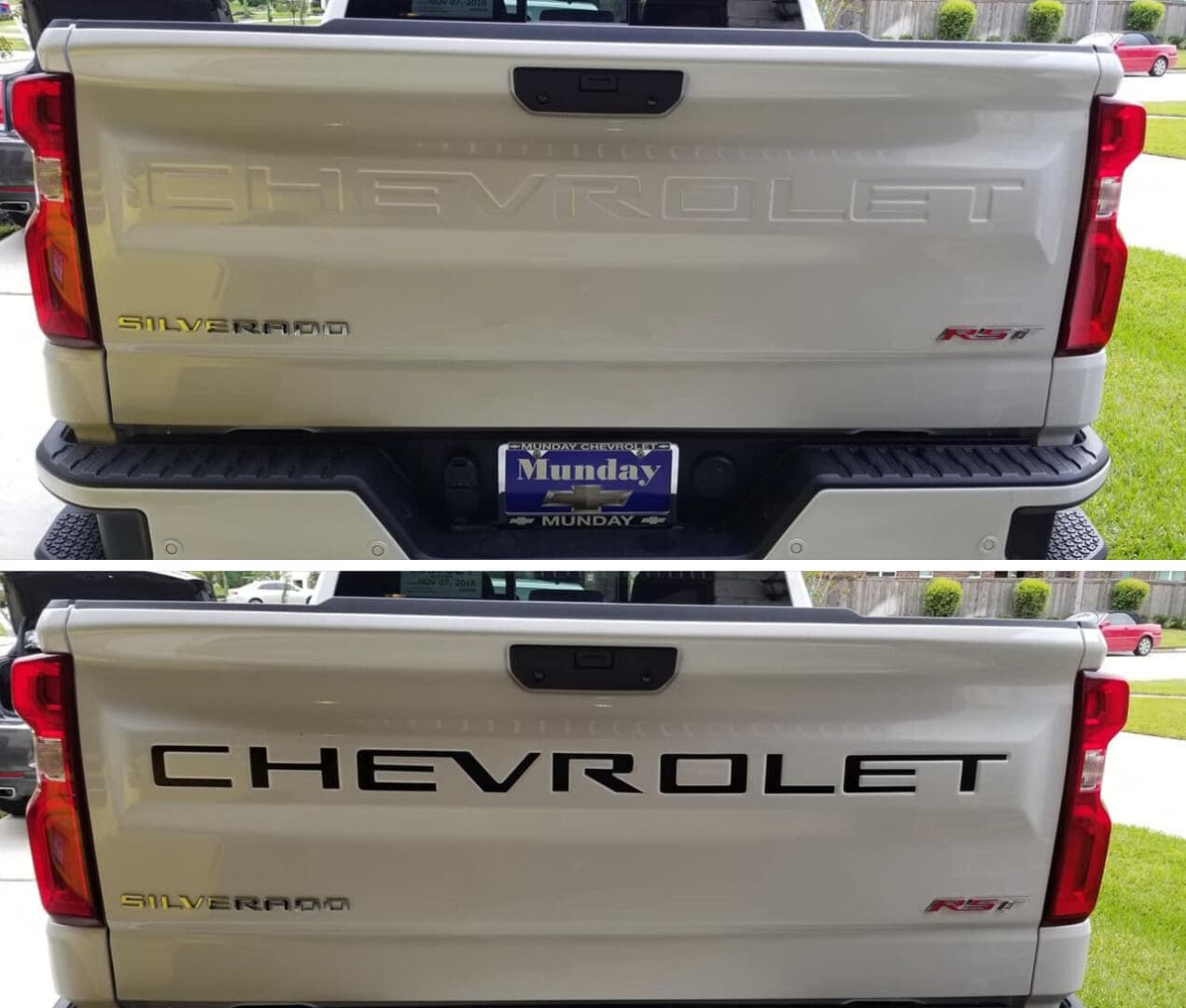 A before and after picture of the back of a truck.